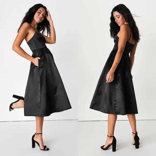 Lulus Something To Celebrate Black Satin A-Line Midi Dress With Pockets - Image 2