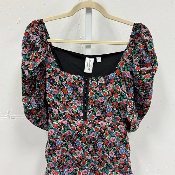 Collusion Floral Puff Sleeve Mini Dress Square Neck Ruffle Hem Multi-Color US 4‎ - Image 3