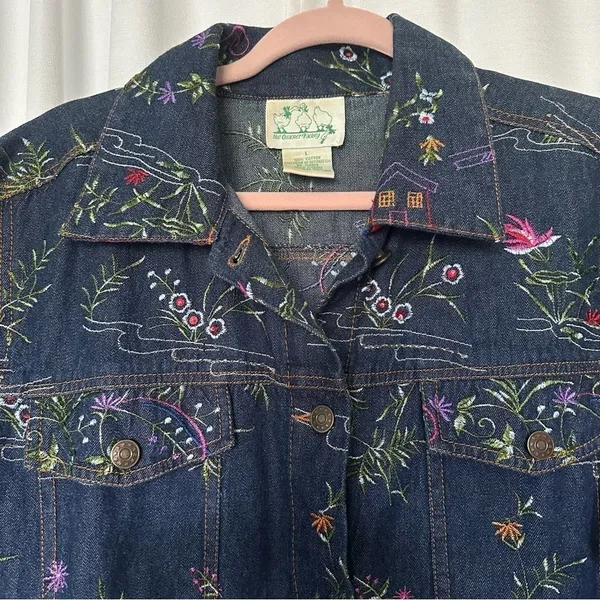 Quacker Factory Jacket Embroidered Floral Blue Denim Jean Trucker Women's Size L - Image 4