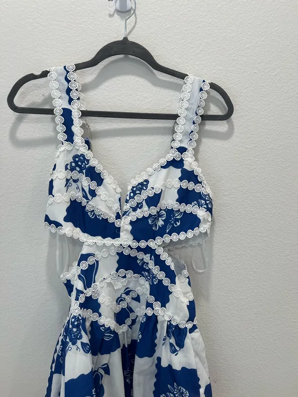 Blue and White Floral Lace Trim Mini Dress by Vintage Shop Size L - Image 2