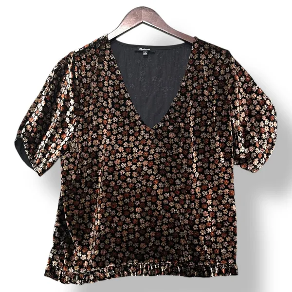 Madewell Floral Burnout Velvet V Neck Puff Sleeve Top Black Brown L Coquette - Image 2