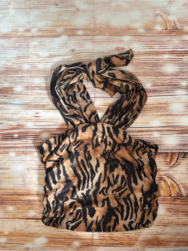 Bingo Brown Tiger Black Stripe Print Cropped Halter Top OS - Image 7
