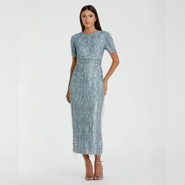 Mac Duggal 5980 Blue High Neck Short Sleeve Crystal Fringe Column Dress - Image 3