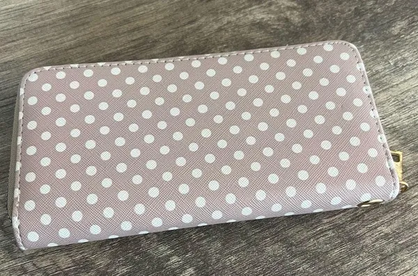Zip Around Wallet Tan with White Polka Dots 7.5 x 3.5” - Image 3