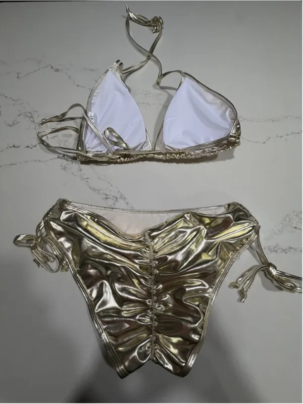 NEW Gold Lame Triangle Bikini Set Swimsuits 2 Pc Bathing XL - Image 2