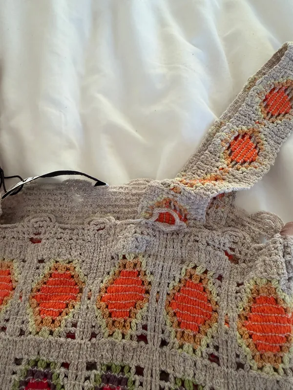 Zara Beige Crochet Midi Dress with Orange & Brown Motif - Image 4