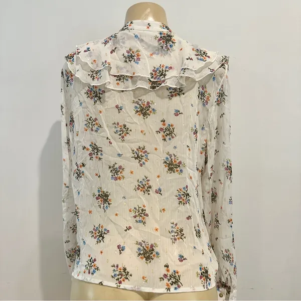 Zara Floral Chiffon Blouse Sz L Sheer Long Sleeves Top Ruffle - Image 9