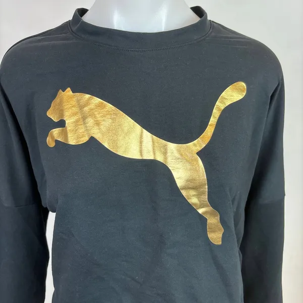 Puma Women's Black Gold Metallic Logo Cozy Pullover Sweater Sweatshirt Top S - Image 4