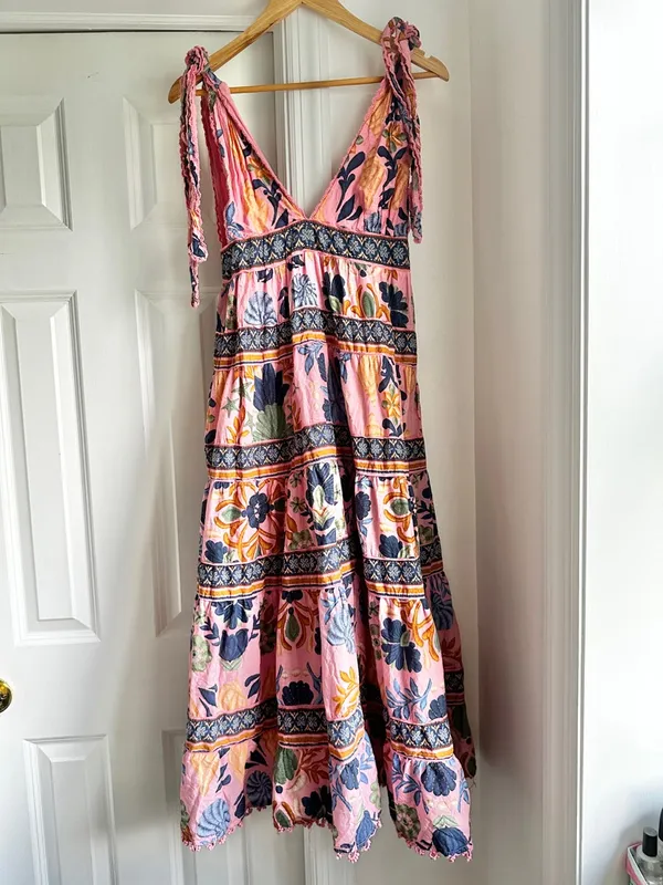Farm Rio Seashell Tapestry Sleeveless Pink Floral Tie-Shoulder Maxi Dress - Image 6