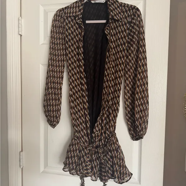 Zara | Dresses | Zara Retro Geo Print brown & Black button down tie dress XS - Image 7