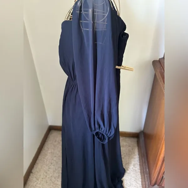 Dessy Collection Vivian Diamond Navy Maxi Dress Off Shoulder Puff Sleeve 14 - Image 15