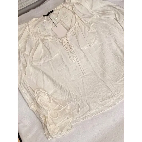 Zara White Boho Ruffle Tie Neck Blouse Bell Sleeve Peasant Top XS Semi Sheer NWT - Image 9