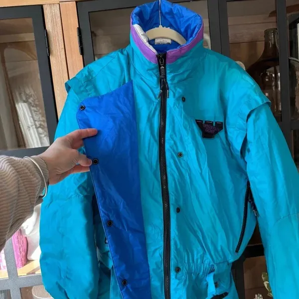 Vintage Mountain Goat ski jacket winter neon 80s colorblock zip up pockets belt - Image 3