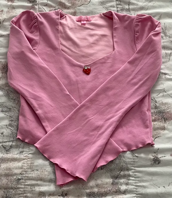 Dolls Kill Sugar Thrillz From Take A Bite Pink Strawberry Charm Flare Sleeve Crop Top, size S - Image 14