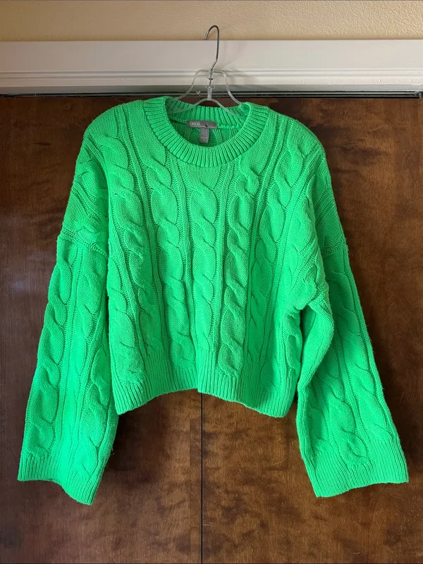 ASOS Neon Green Cable Knit Oversized Crewneck Sweater. Size 4 - Image 2