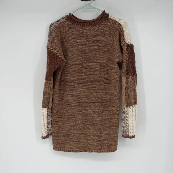 Patchwork Cable Knit Roll Neck‎ Sweater Tunic Brown Cream Size L - Image 2