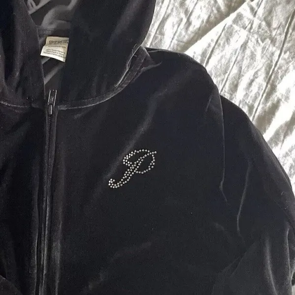 Victoria's Secret Velour Hoodie Sweatshirt Size XL Black Full Zip Rhinestone - Image 5