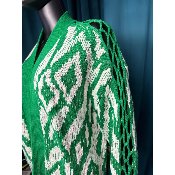 Anthropologie Maeve Green White Ikat Intarsia Knit Lattice Sleeve‎ Cardigan S - Image 3