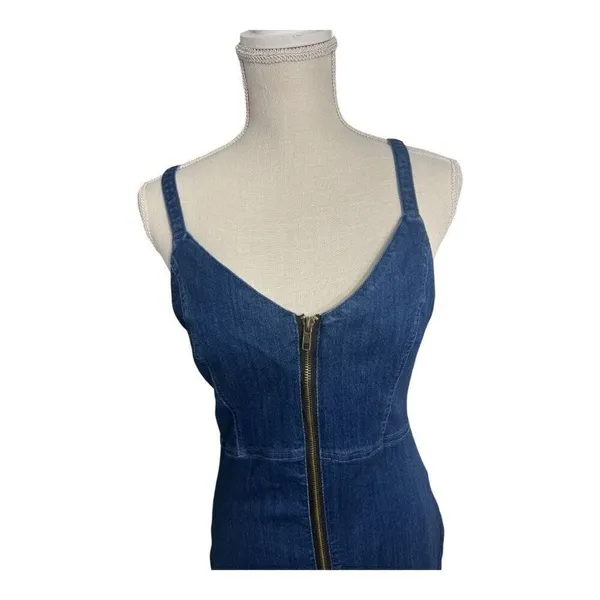 Haute Monde Blue Denim Mini Dress Size L Zip-Front Spaghetti Straps Sleeveless - Image 5