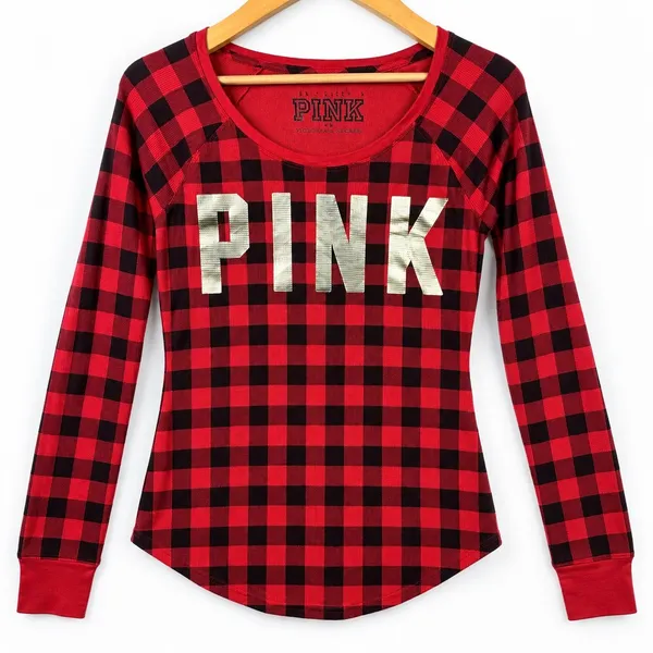 PINK Victoria's Secret Sleep Set Waffle Knit Women M Red Black Buffalo Plaid - Image 3