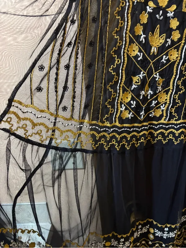 Free People black & gold floral embroidered tulle overlay midi dress - Image 5
