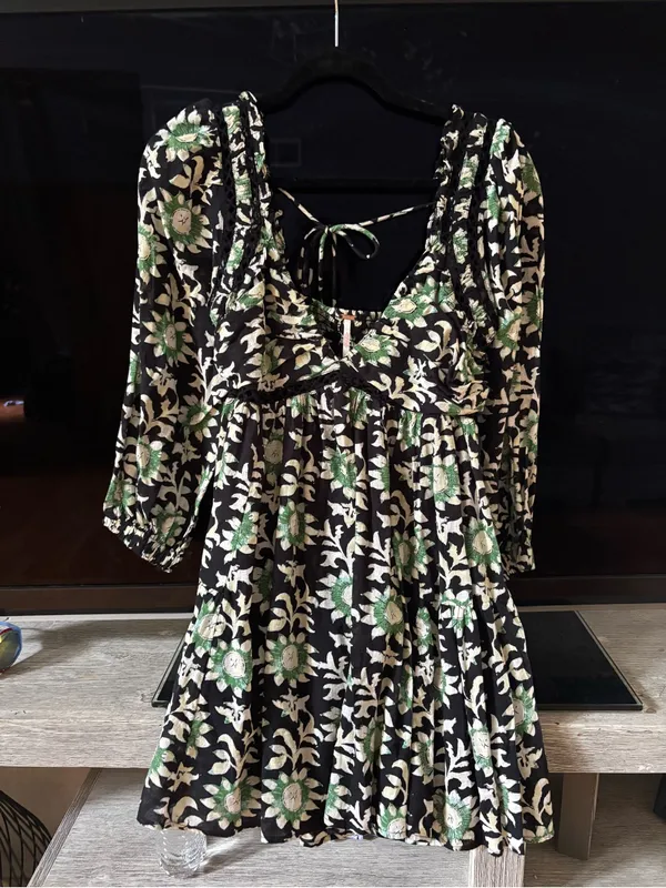 Free People Black and Green Floral Lace-Up Back Mini Dress - Image 3