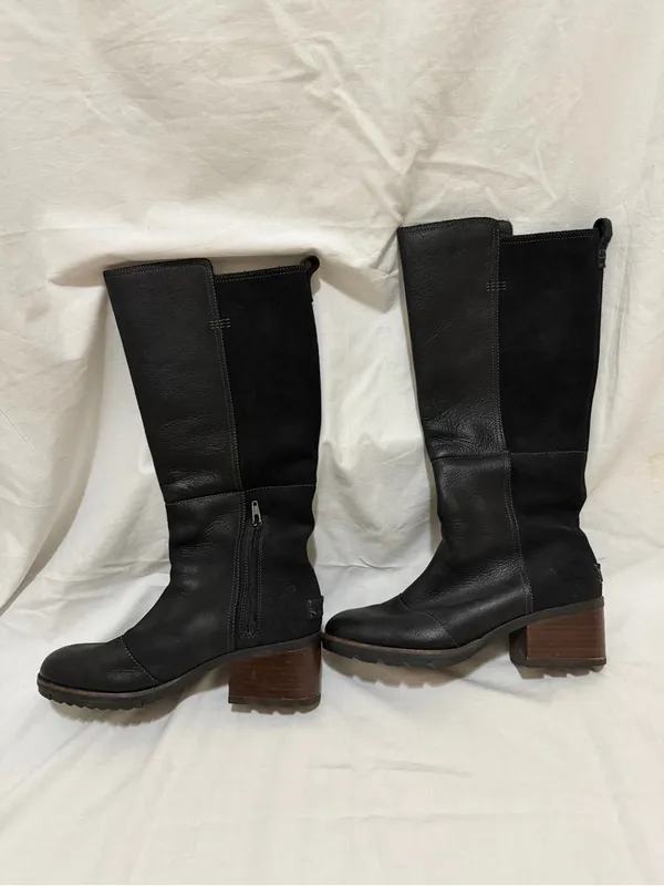 SOREL Cate Tall Boots Black Waterproof Leather & Suede Block Heel Size 7.5 - Image 3