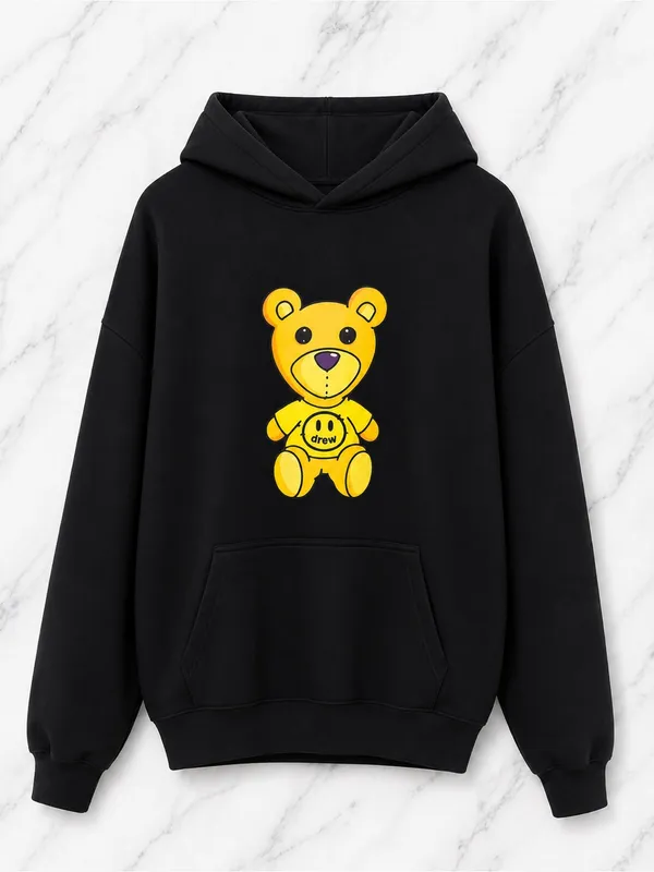 Yellow Teddy Bear Mascot Graphic Black Pullover Hoodie Sweatshirt | Size M - Image 2