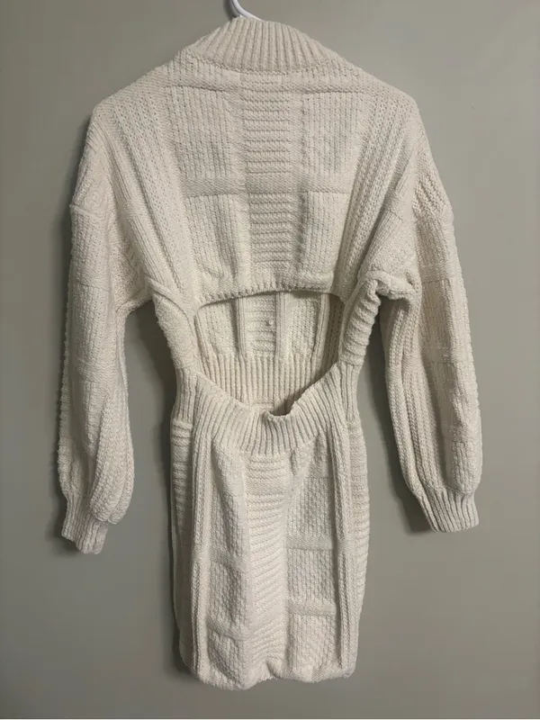 Lulus Patchwork It Cream Cable Knit Cutout Sweater Mini Dress Size XS Cream - Image 4