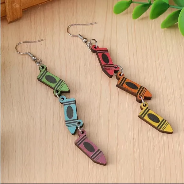 Boho Mismatched Asymmetrical Whimsical Novelty Style‎ Crayon Teacher Earrings - Image 4
