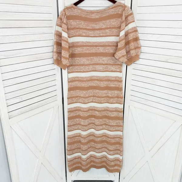 Amour Vert‎ Vivienne Striped Knit Sweater Dress Tan White Large Puff Sleeve Midi - Image 10