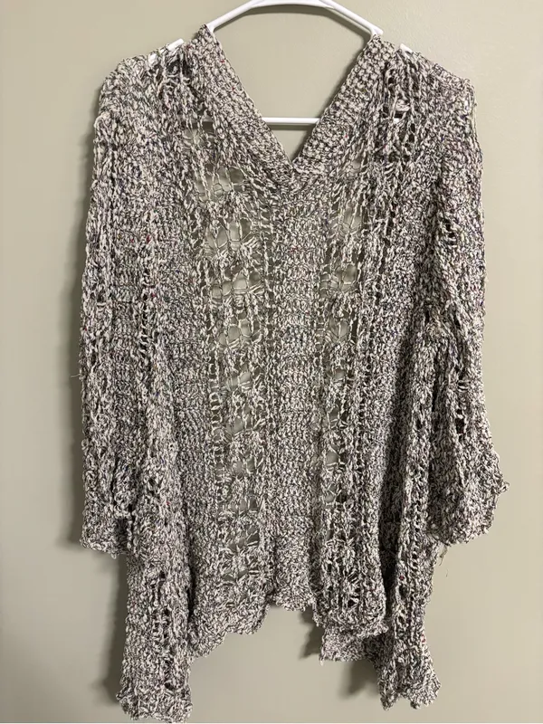POL Open Knit Marled Cardigan Sweater Gray White Size Medium Crochet Duster - Image 2