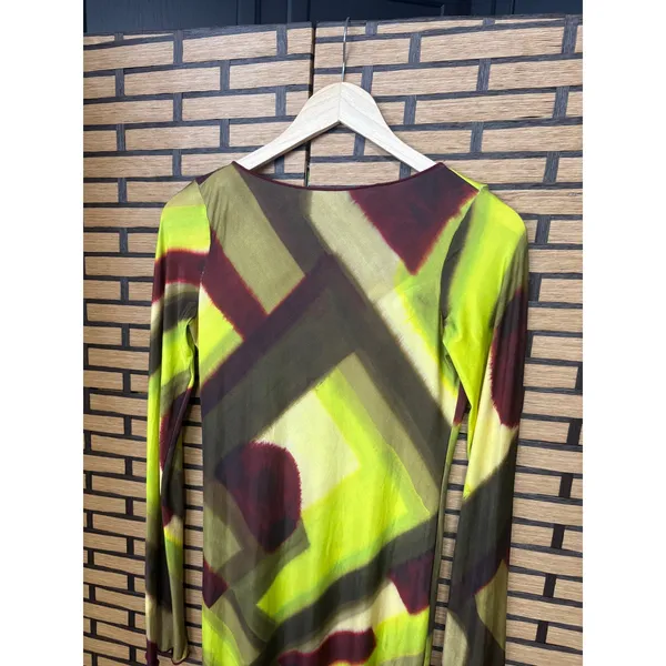 Zara Lime Green Abstract Long Sleeve Open Back‎ Maxi Dress Size Small - Image 3