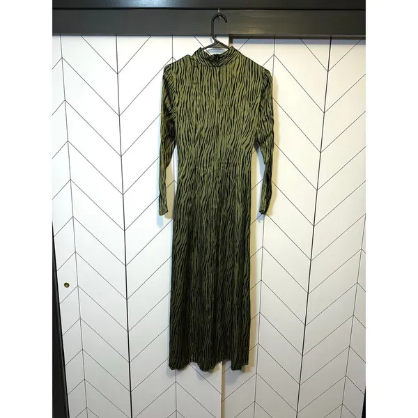 Petersyn Womens XS Zuma Maxi Dress Green Black Satin Print Mock Neck Long Sleeve - Image 4