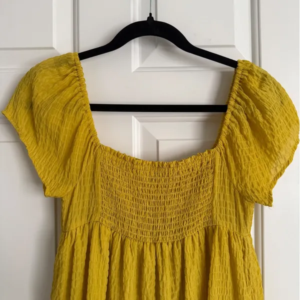 RTR Now Yellow Smocked Babydoll Mini Dress XS Puff Sleeve‎ Textured Cottagecore - Image 6