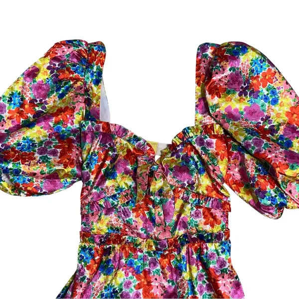For Love & Lemons Vibrant Floral Merrill Puff Sleeve Mini Dress Womens L - Image 3