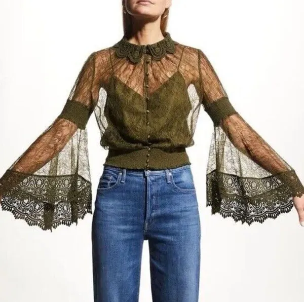 Alice + Olivia Moss Green Bell-Sleeve Crochet Collared Top Boho Fairy Grunge Witchy Ethereal - Image 2