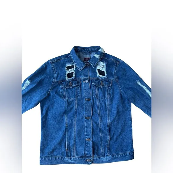 Boom Boom Jeans Distressed Denim Jacket Women’s XL Blue Net Detail - Image 3