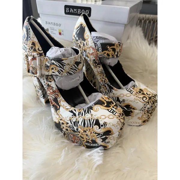 Bamboo Size 8‎ Tiger Baroque Print Platform Block Heel Mary Jane Women's Shoes - Image 2