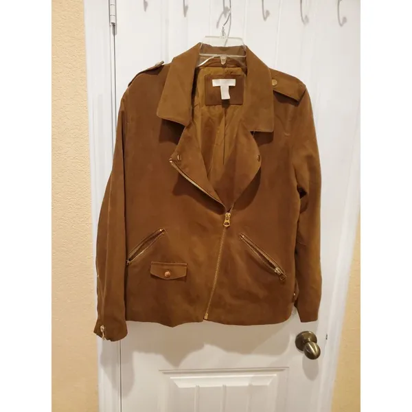 H&M womens biker jacket size US 14 brown zip long sleeve solid - Image 5