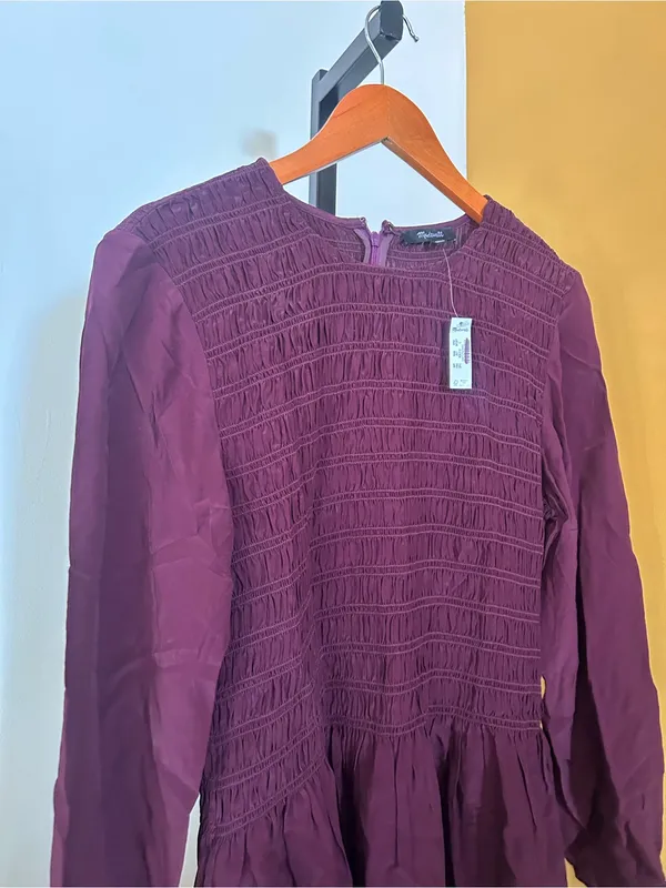 Madewell Long Sleeve Smocked Mini Dress Dark Pomegranate Purple NWT $148‎ Large - Image 5