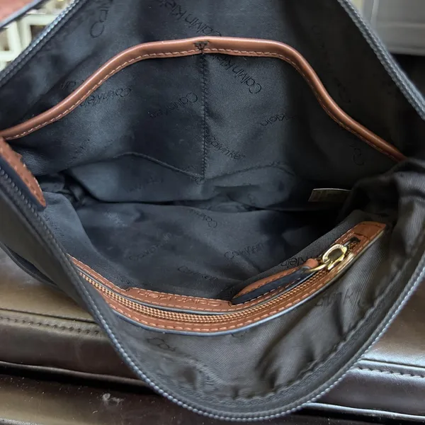 Calvin Klein Crossbody Bag Womens Medium Black Nylon Brown Trim Zip Pocket - Image 12