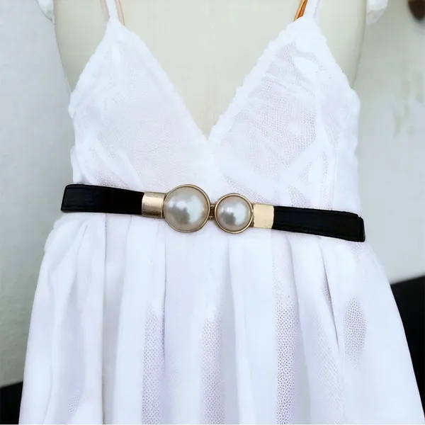 Thin Double Faux Pearl Buckle Solid Color PU Leather‎ Waist Thin Belt One Size - Image 4