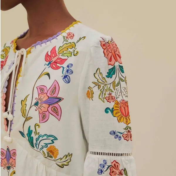 Farm Rio Floral Insects Mini Dress Small White Boho Tiered Whimsical Cottagecore - Image 2