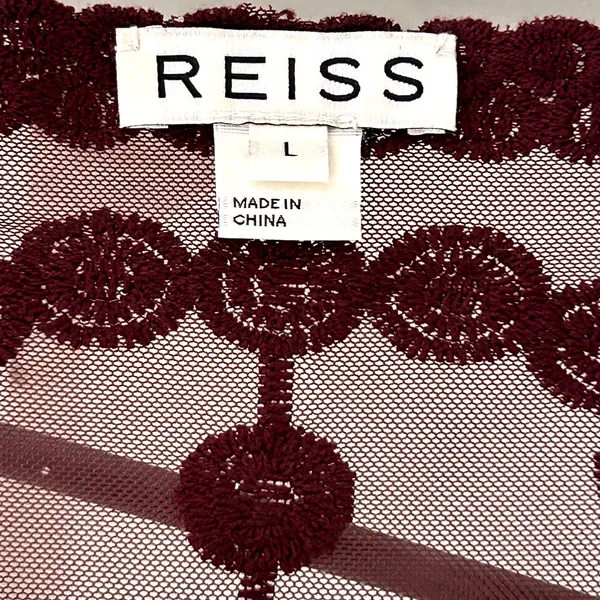 REISS Alden Lace 3/4 Sleeve Claret Burgundy Semi Sheer Blouse‎ Top Large - Image 3