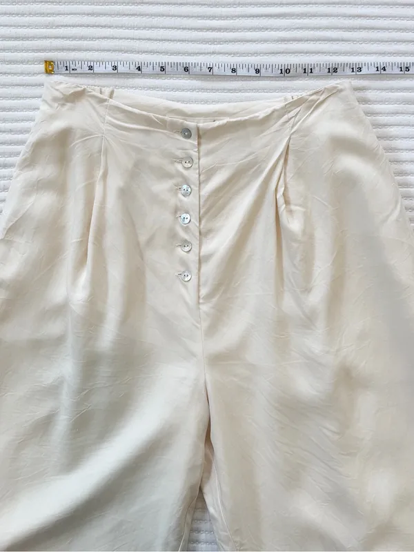 100% Silk High-Waist Wide Leg Lined Pants in Ivory with Mother of Pearl Buttons - Image 4