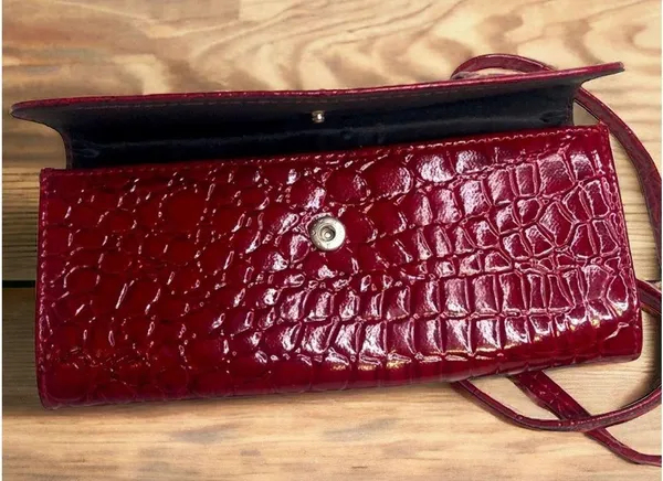 Deep Red Faux Leather Croc Textured Mini Fold Snap Purse Handbag - Image 6