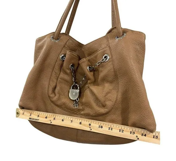 Furla Tan Pebbled Leather Chain Lock Drawstring Satchel Shoulder‎ Bag Y2K Boho - Image 4