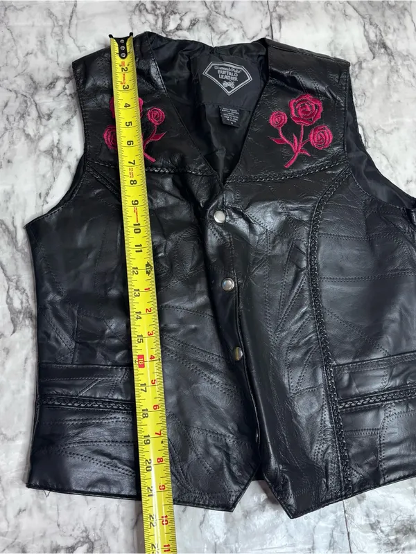 Diamond Plate 100% Buffalo Leather Vest Pink Rose Embroidery Biker small goth Black - Image 6