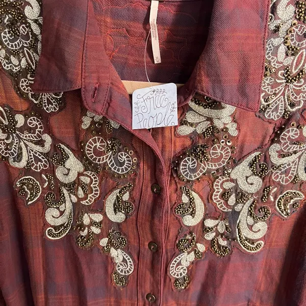 NWOT Free People Embroidered Plaid Tunic Shirt Boho Medium - Image 7